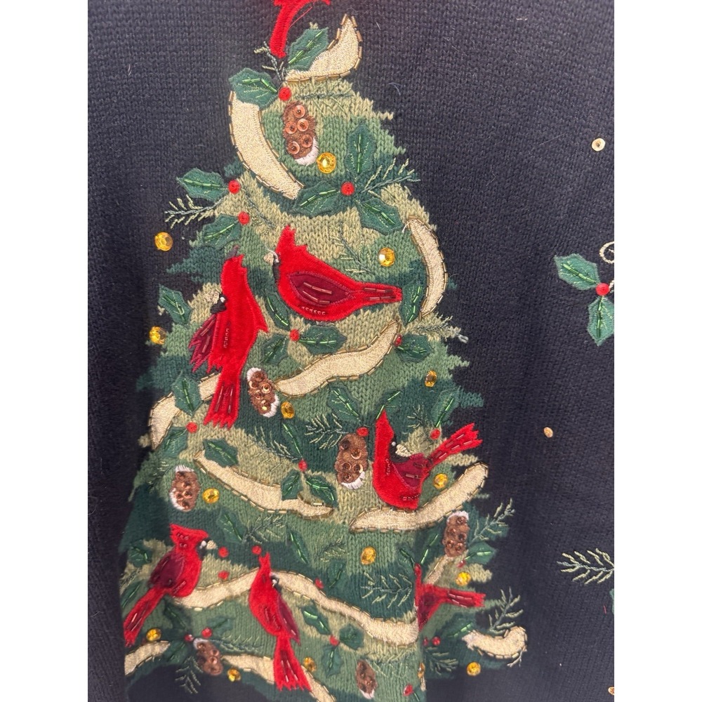 Vintage Christmas Sweater Women L Cardinal Tree Embroidered Beaded Ugly Xmas - Picture 3 of 6